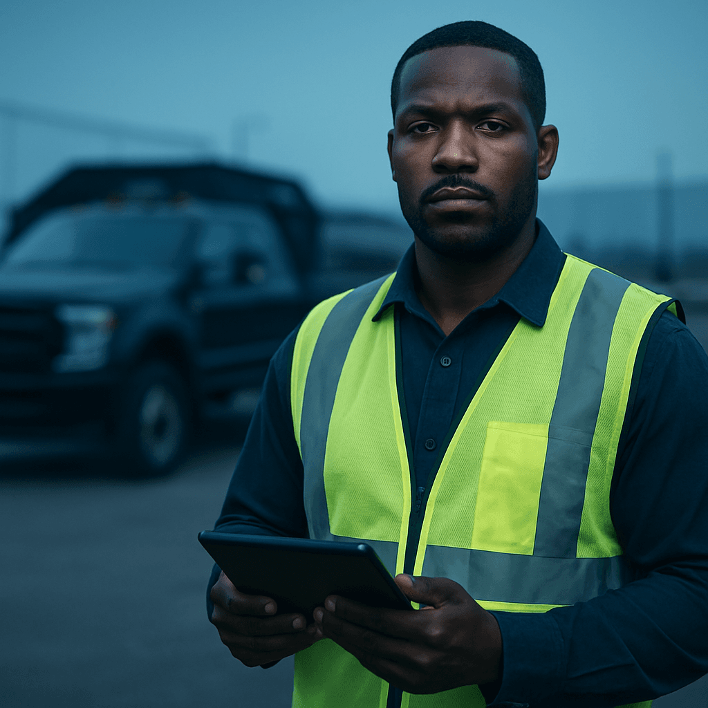 Civilian logistics professional in a high-visibility safety vest standing at an industrial truck yard