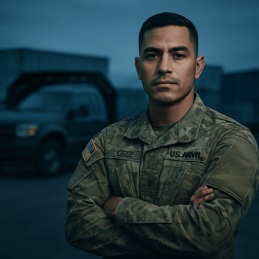 U.S. Army veteran in OCP camouflage uniform standing at a Bluport logistics yard