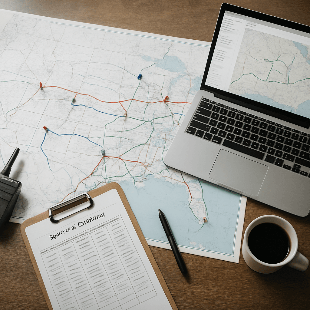 Logistics planning desk with a U.S. route map, planned highway routes, dispatch laptop, and shipment schedules